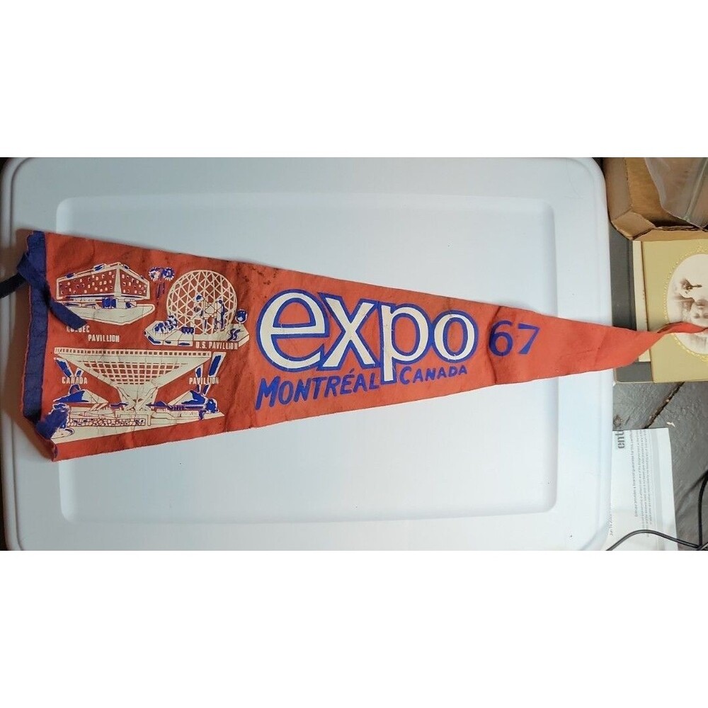 Vtg 1967 Expo Montreal Canada Red Felt Pennant Worlds Fair Quebec Pavillion 25"